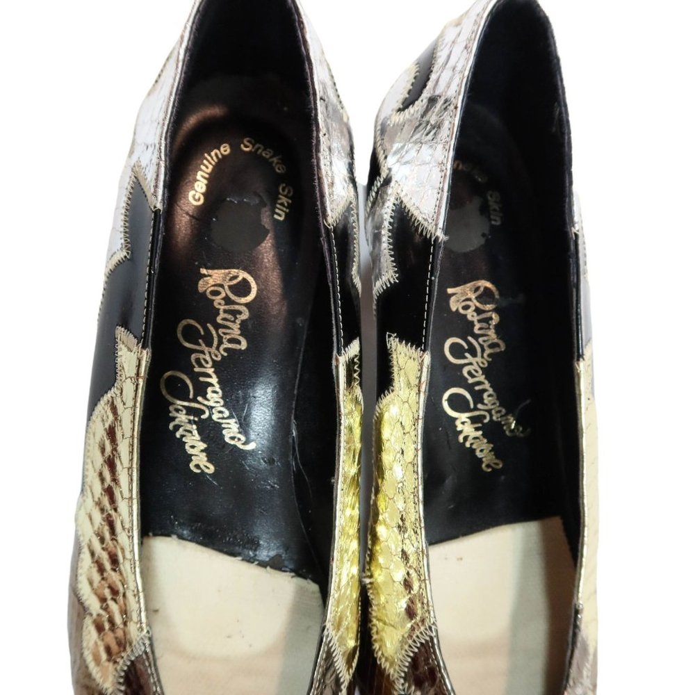 Vintage 60s 70s ROSINA FERRAGAMO SCHIAVONE 8M Snakes Skin Gold Silver Heels Shoe - Picture 7 of 11